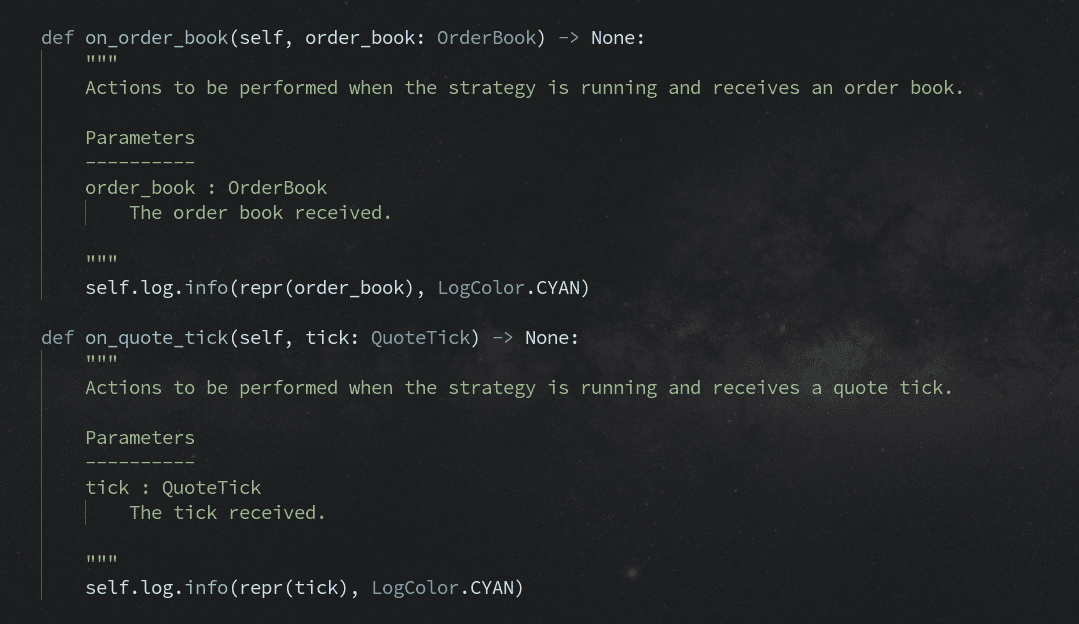 Original Python event-handler screenshot showing order-book and quote-tick callbacks