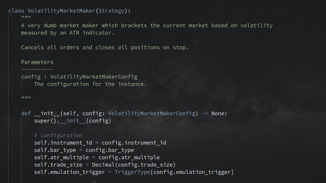 Original Python strategy screenshot showing a VolatilityMarketMaker class, parameters, and configuration